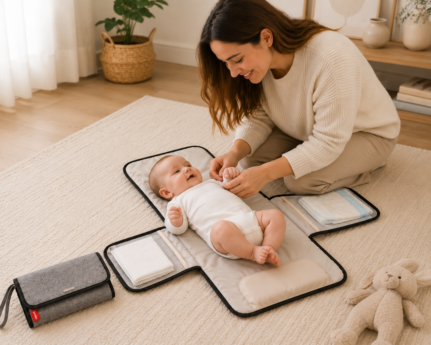 Cambiador portátil Mini Mundo desplegado con bebé encima